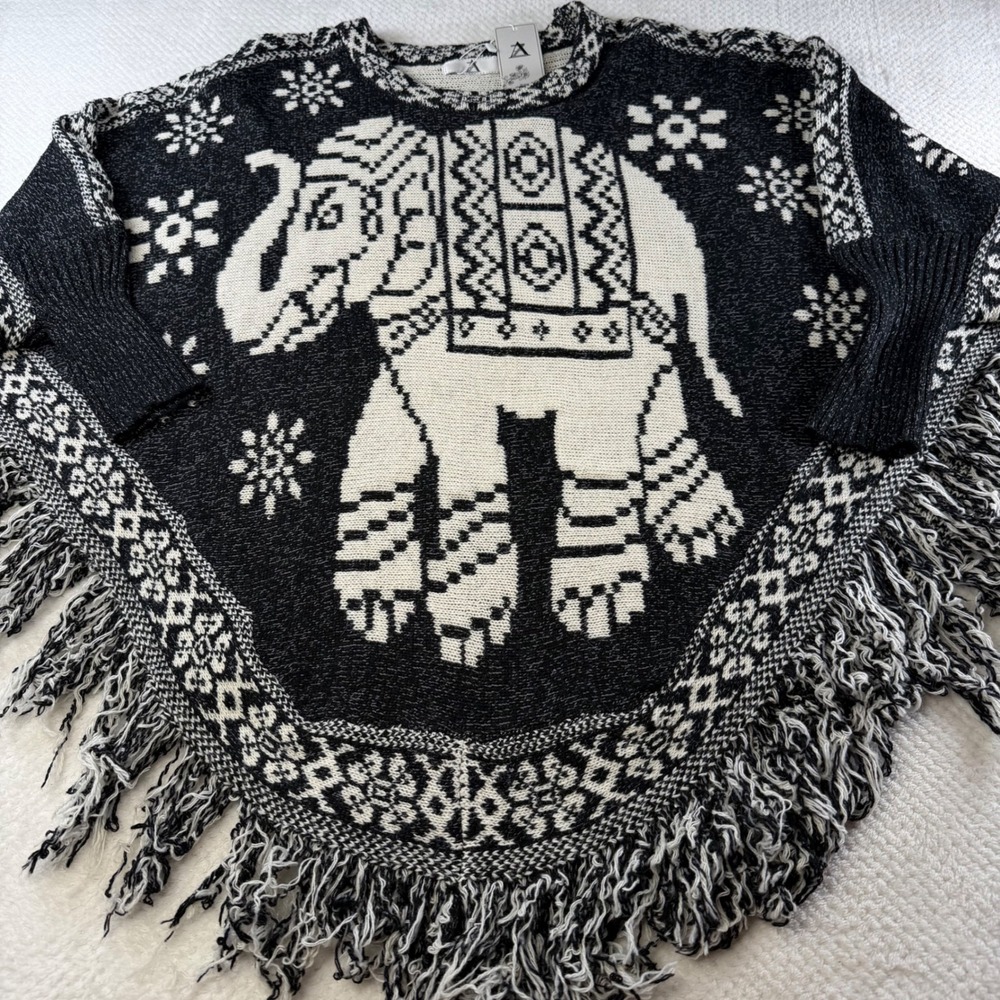 AZ Elephant Knit Fringe Poncho New Sweater Black White Boho P-1762